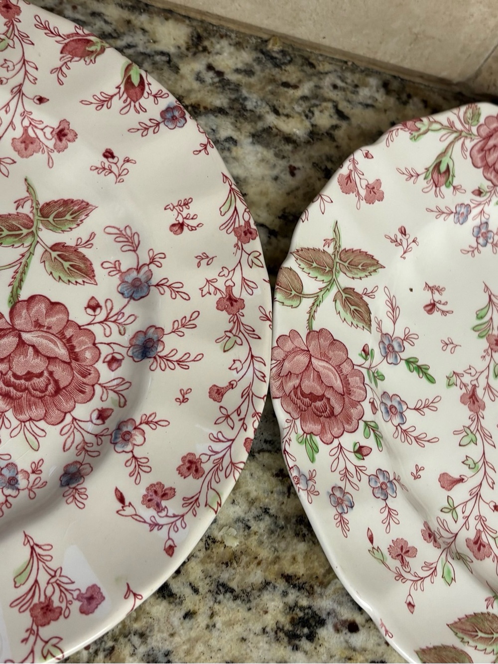 Porcelain Dinner Plates with Pink Floral and Green Leaf Motif